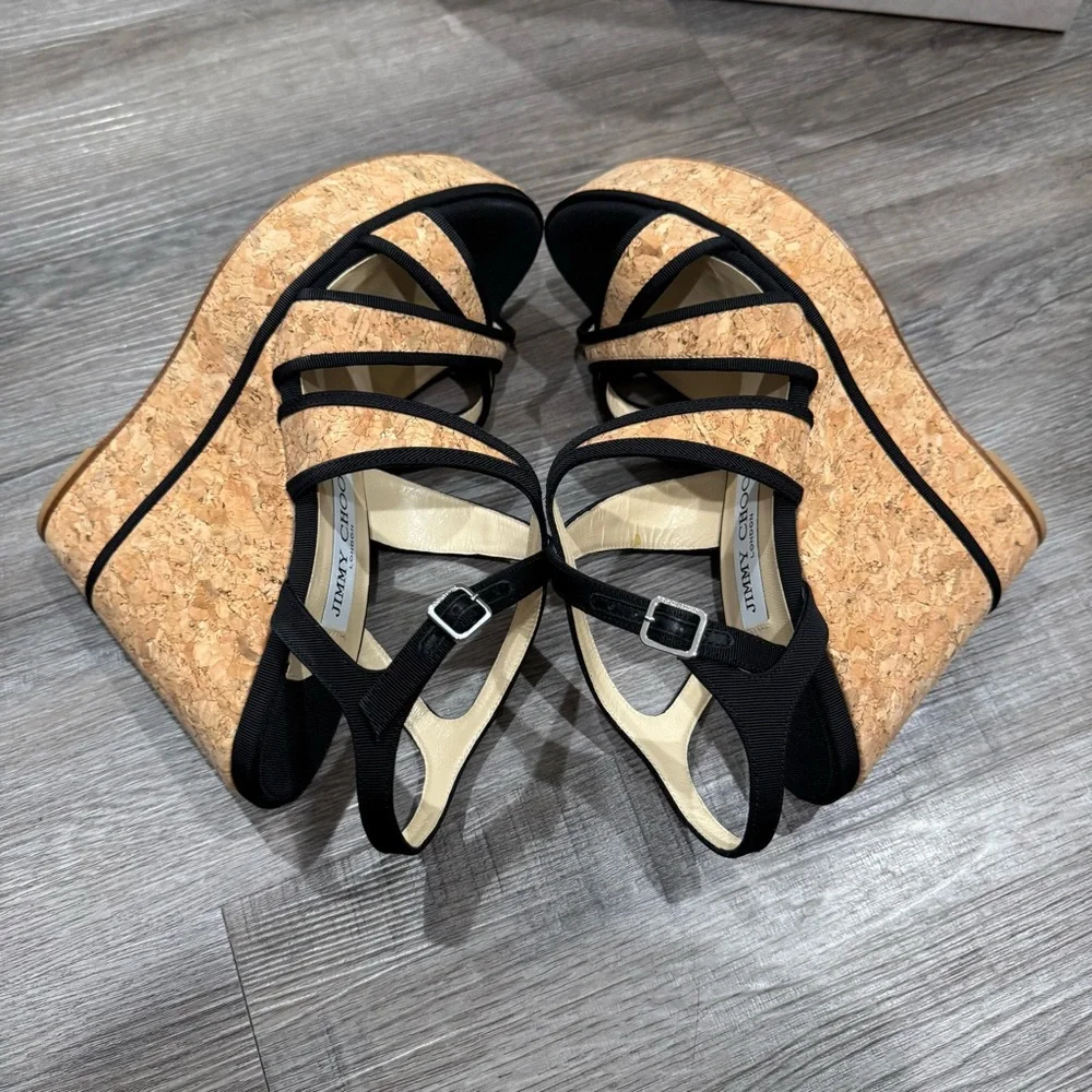 Jimmy Choo Alissa 120 Natural Black Cork Grossgrain Wedges